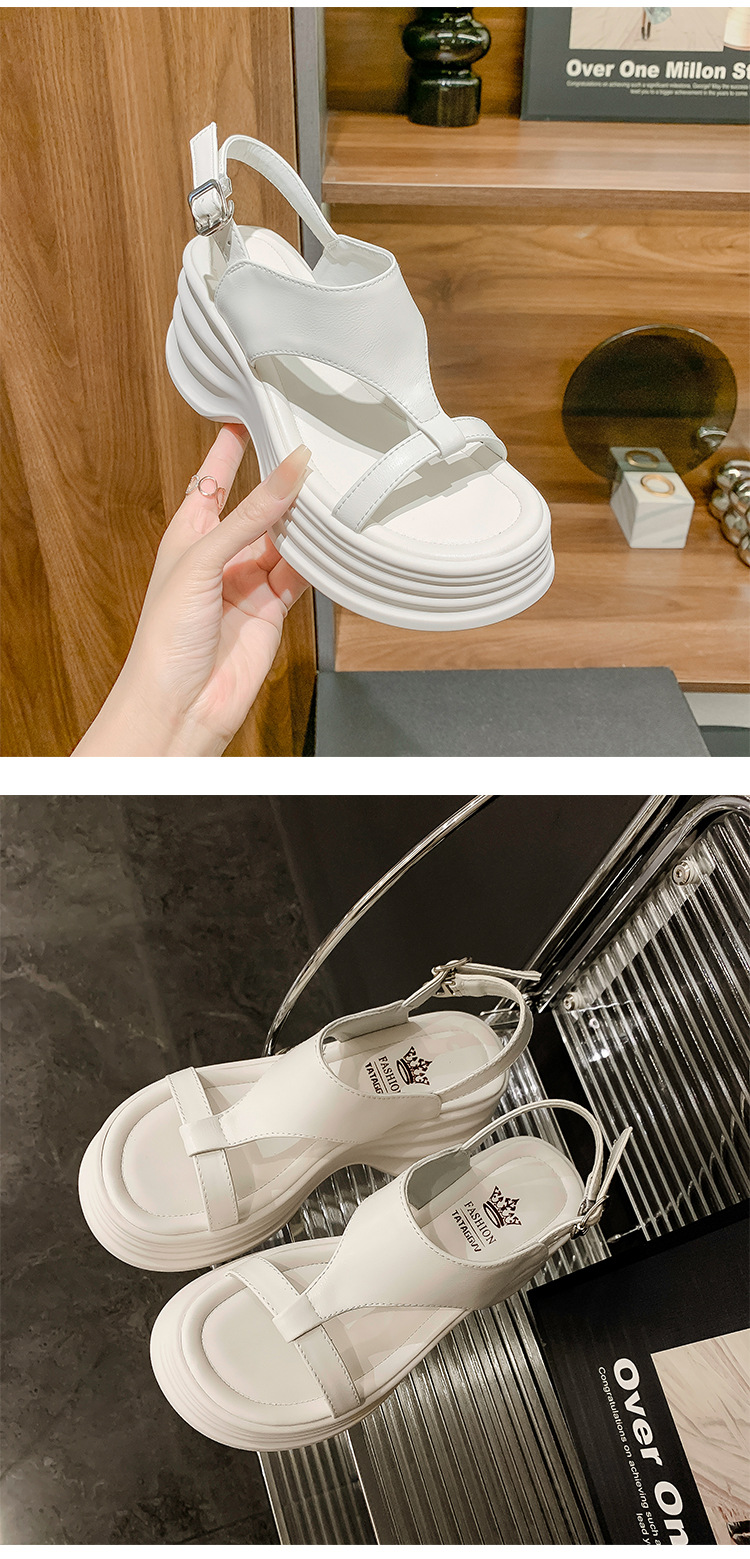 Sandal cao gót nữ hở mũi phong cách biker, đế dày 8cm, kiểu ống bọc La Mã — đen, Màu trắng nhạt chi tiết 9