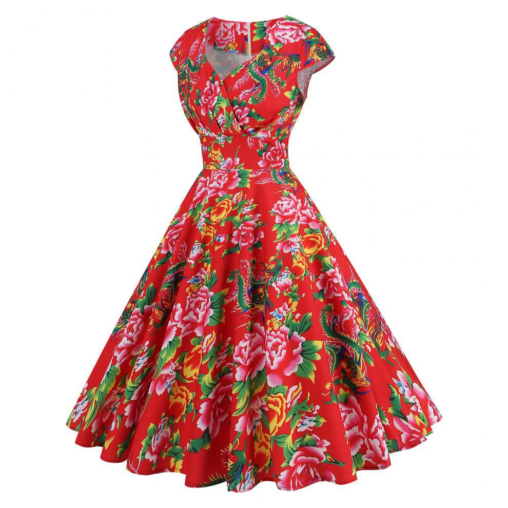 Robe amincissante à imprimé floral rétro et col en V pour femme – Robe d'été élégante mi-longue à manches courtes_voghion.com