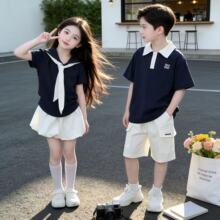 兄妹儿童学院风套装夏季2026新款男女童学院风Polo领短袖花苞裤裙