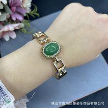 绿东陵玉手镯陶泥活口保色饰品中古琉璃电镀vintage高端百搭首饰