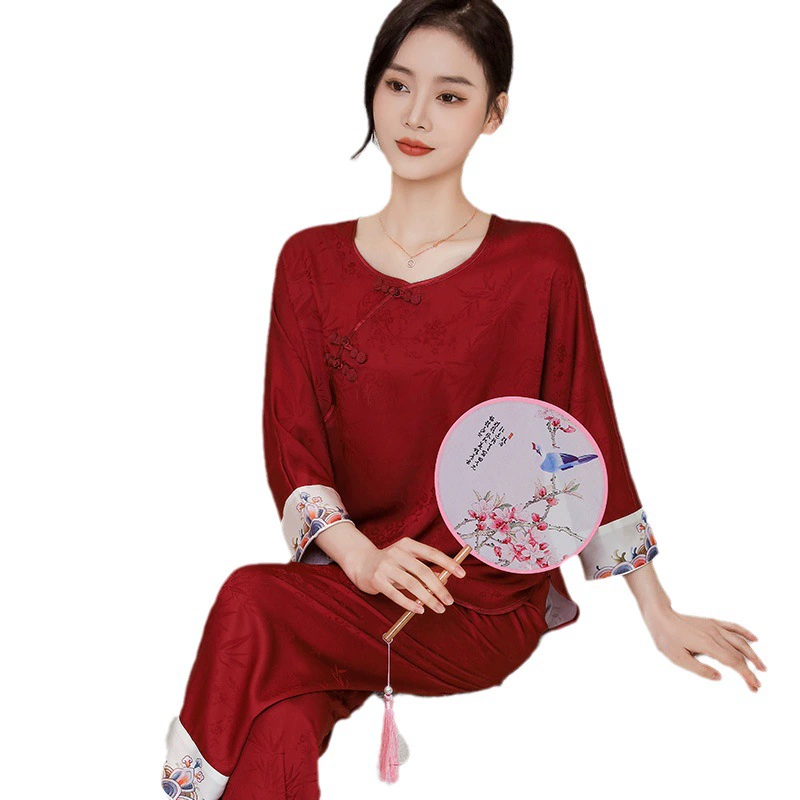 达芬奇密码 Pijama, шелковый красный набор, домашняя одежда, топ с чашками, Китайский стиль