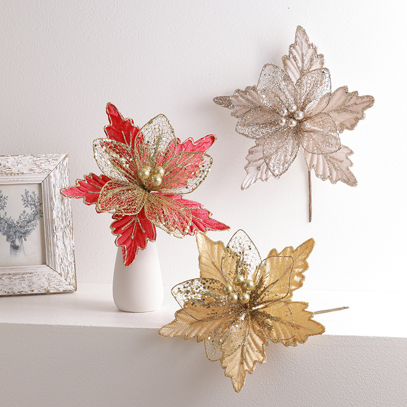 Decoración de árbol de Navidad transfronteriza 24cm oro oro oro rojo champán plata flores de Navidad imitación de flores hotel caña
