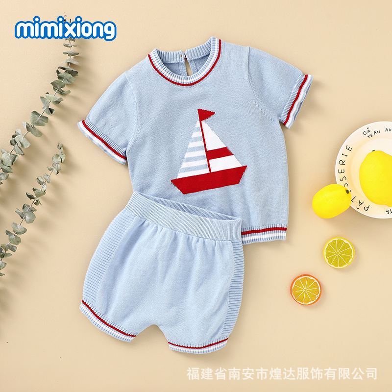 ins Summer New Cotton Baby Short-sleeved Shorts Navy Style Suit for Men