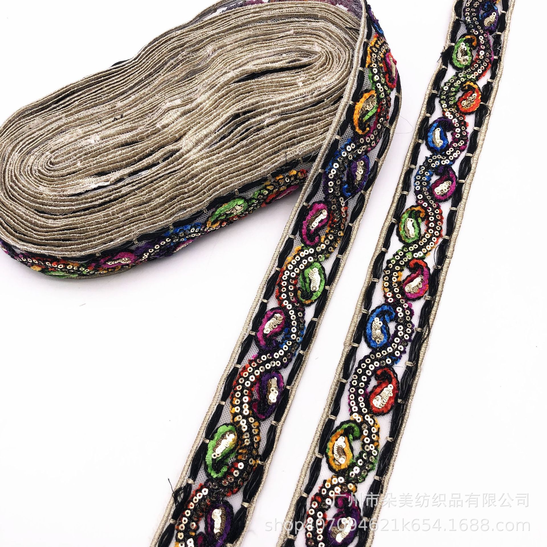 网布底刺绣民族风股线亮片花边 绳绒线车骨绣花服装箱包条码