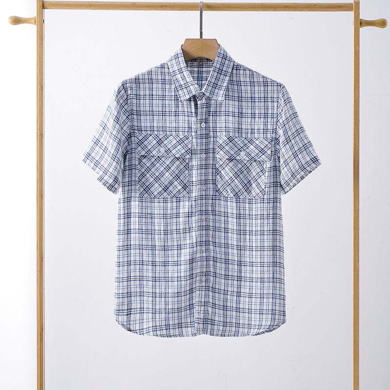 2024 Summer New Arrival Linen Men's Casual Plaid Short-sleeved Cool Simple Lapel Patch Pocket Linen Shirt F014