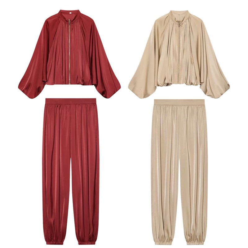 PB&ZA European and American women's clothing: satin puff-sleeve bomber jacket/high-waisted lantern pants 4387075 4387175
