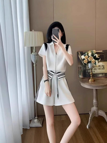 Summer New Style Elegant Fashion Loose Slimming Zipper Design Short Sleeve T-Shirt Wide Leg Shorts Two-Piece Set Women