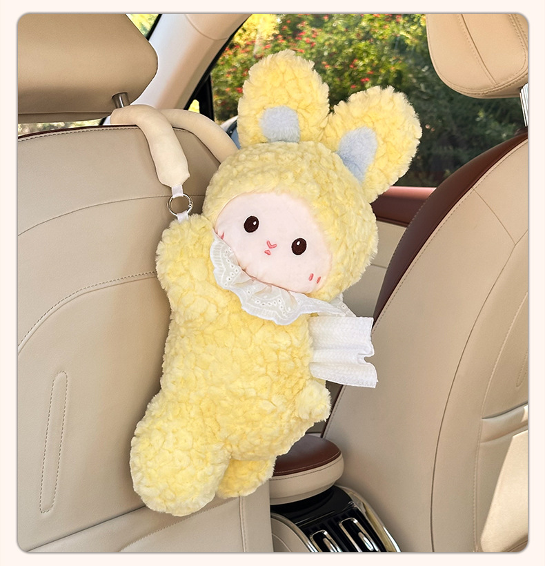 Plush Rabbit Car Tissue Box Car Armrest Box Paper Box Hanging Cute Car Tissue Extraction Decoration Supplies