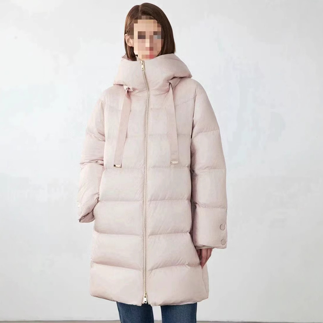 外贸原单冬新款 女士朗Z泡芙飘带中长款连帽 90白鸭绒休闲 羽绒服