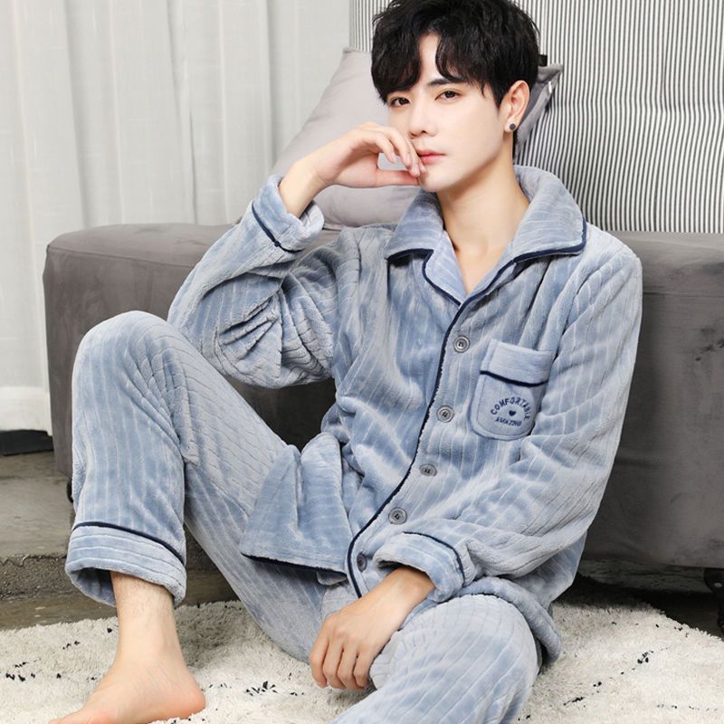 플란넬 잠옷 남성용 가정 의류 플러스 벨벳 두꺼운 산호 벨벳 정장 겨울 긴팔 가을, 겨울 카디건을 따뜻하게 유지
