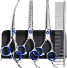 Blue screw fish mouth 6.5 inch flat scissors + dental scissors + upturned + steel comb + leather bag