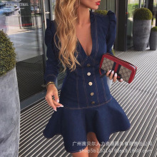 新款跨境亚马逊深V泡泡袖紧身荷叶边连衣裙-LZR2363