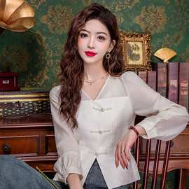 韩国chic新中式国风盘扣V领修身衬衫女复古收腰显瘦短款气质上衣