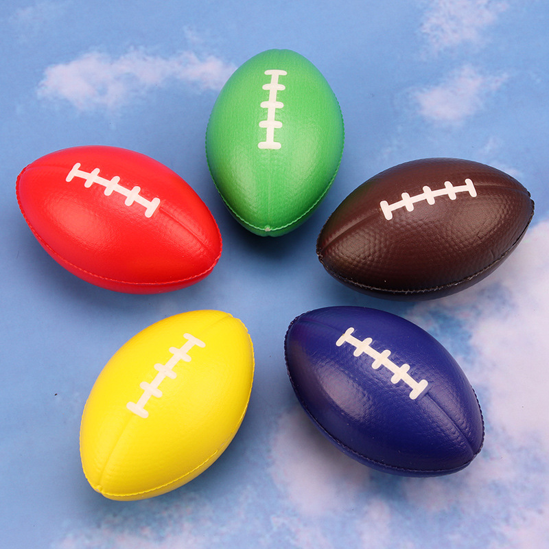 Cross-border pu foam rugby 9cm brown pressure color vent ball full print pu ball elderly rehabilitation toy ball