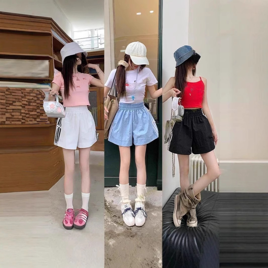 여름 아우터로 입는 여성용 반바지, 핫걸 리본, 스포츠 및 레저 스플리싱, 얇은 스트라이프 팬츠, 짧은 패셔너블한 스트레이트 팬츠, 슬리밍