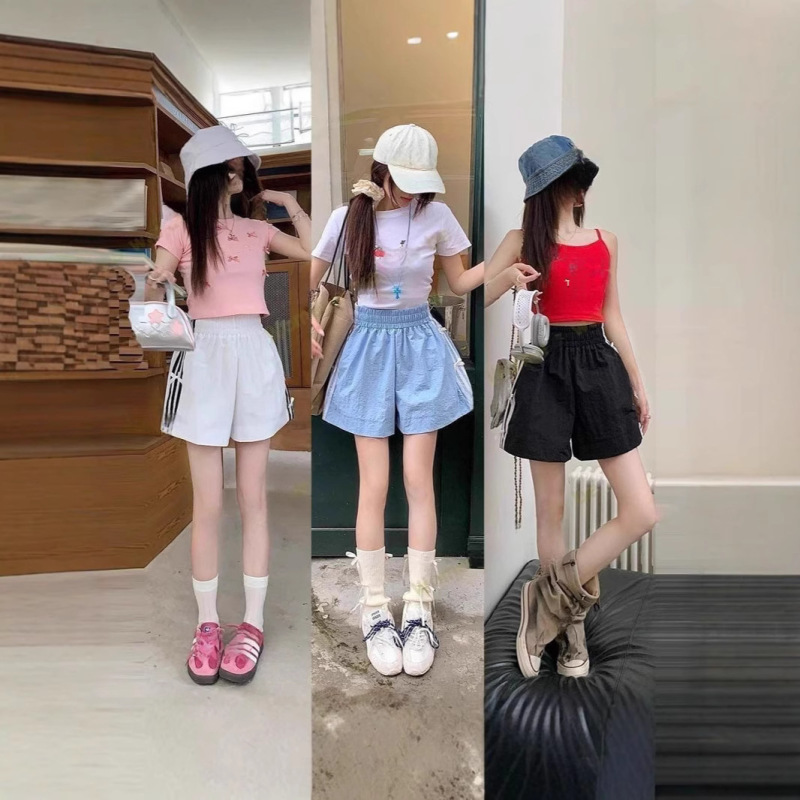 Women's Summer Shorts for Outdoor Wear, Hot Girl Bowknot Sports Casual Patchwork Thin Striped Shorts, Fashionable Straight-Leg Slimming Shorts