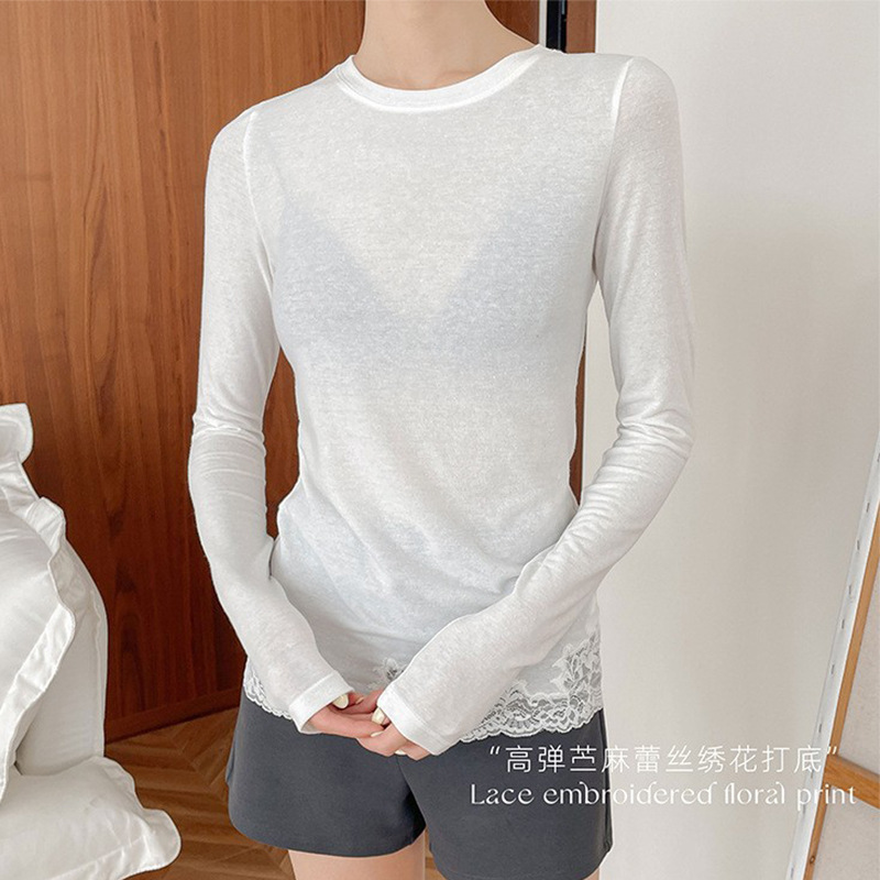 High-Elastic Round-Neck Irregular Lace Hem Embroidered Undershirt for Women, Suitable for Both Inner and Outer Wear, Slim Fit and Flattering