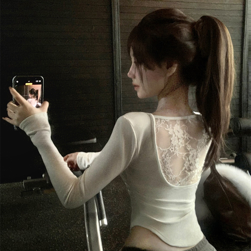 Lace Stitching Backless U-Neck T-Shirt Women's Winter Inner Base Shirt Hot Girl Sexy Short Tight Top with Chest Pad