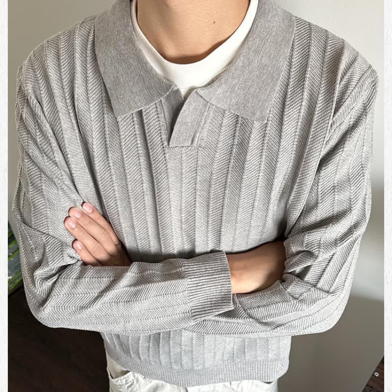 Gray Ribbed Knit Polo Shirt for Men, New Autumn Style, Stretchy Slim-Fit Waist-Cinching Top, Turn-Down Collar Sweater Jacket