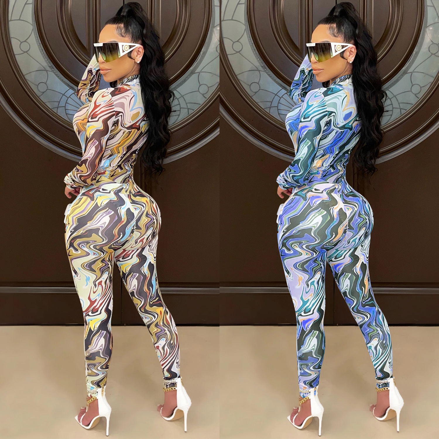 C5505 AliExpress amazonwish moda de mujer pintada pantalones de manga larga ajustada malla de perspectiva de dos piezas