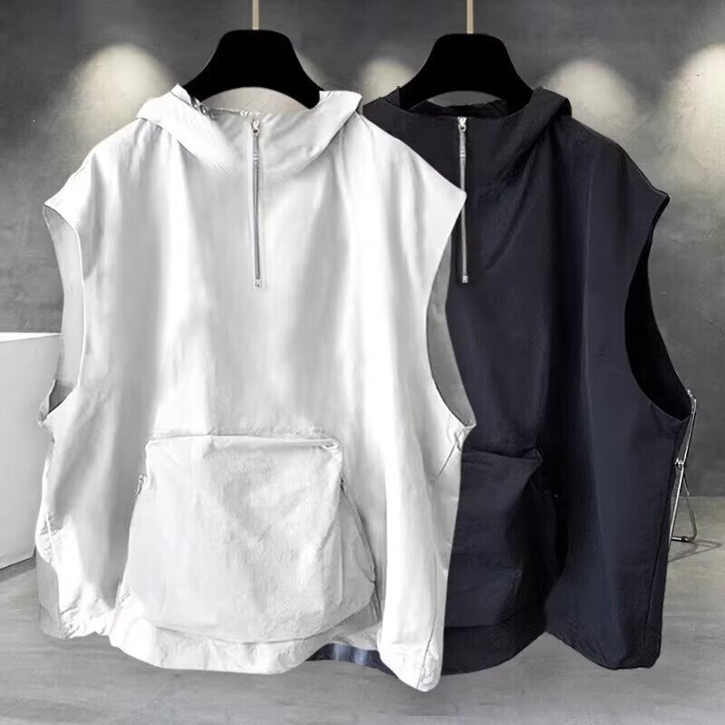Zipper Hooded Sleeveless T-Shirt for Men, Summer Trendy Brand, Stylish Loose Fit, Solid Color Workwear with Large Pocket Design, Vest