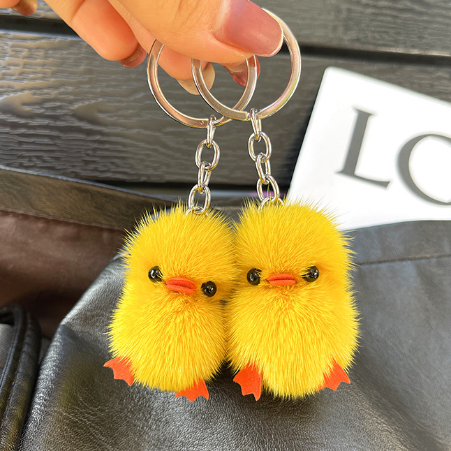 Mini mink fur yellow duck car keychain pendant cute plush doll doll bag pendant wholesale
