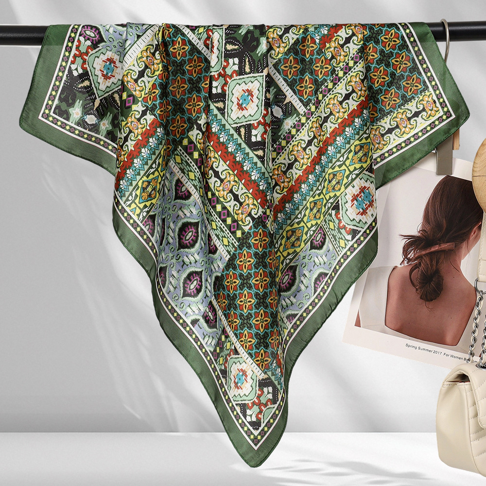 Bufanda de seda de mujer de estilo étnico 70 Bufanda de seda de imitación Bufanda de seda de protección solar cómoda y ligera Cinturón para el cabello Bufanda en la cabeza Chal multifunción