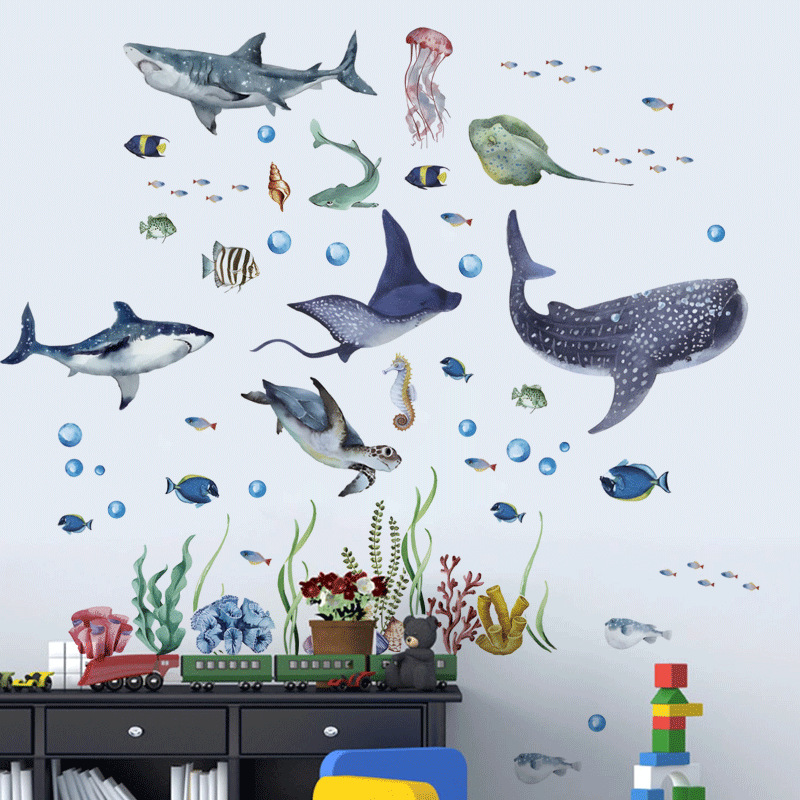 Cross-border Shark Underwater World Wall Stickers Children's Room Kindergarten Wall Decoration Beautification Cartoon Stickers Self-adhesive Stickers