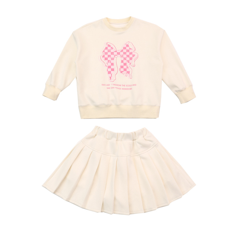 Internetberühmtes modisches Street Blast-Set für Frühling und Herbst: Süßes zweiteiliges Set mit Schleifenpullover und Faltenrock für Mädchen_voghion.com