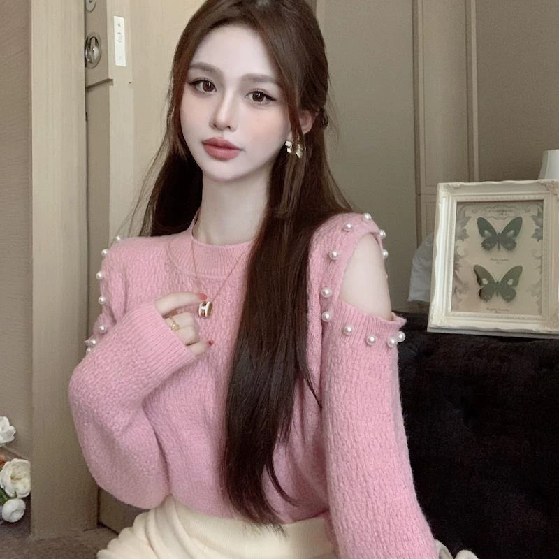 Вязаный свитер-пуловер для женщин, новая модель весна-осень 2025, с открытыми плечами, расшитый бисером, в корейском стиле, с круглым вырезом, модный топ.