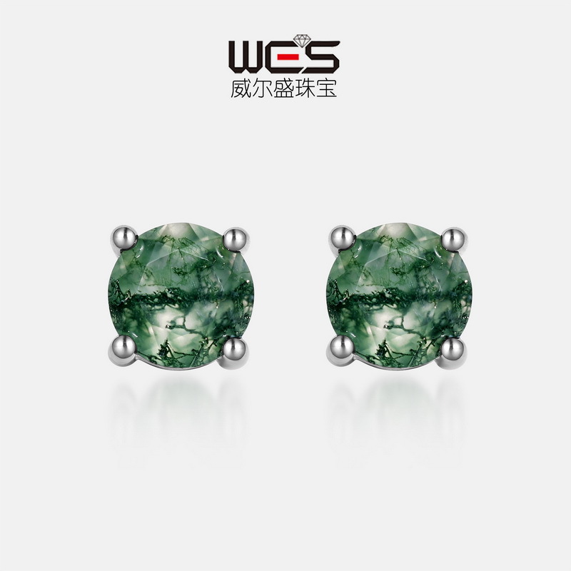 Pendientes redondos de ágata de hierba de agua natural especial transfronteriza S925 Pendientes de piedra de musgo verde con incrustaciones de plata simple y de moda