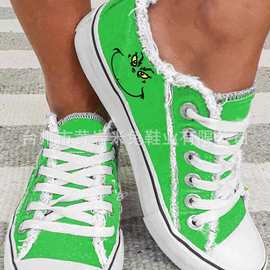 新款绿色猫头鹰卡通怪兽图案印花帆布单鞋女大码系带休闲运动板鞋