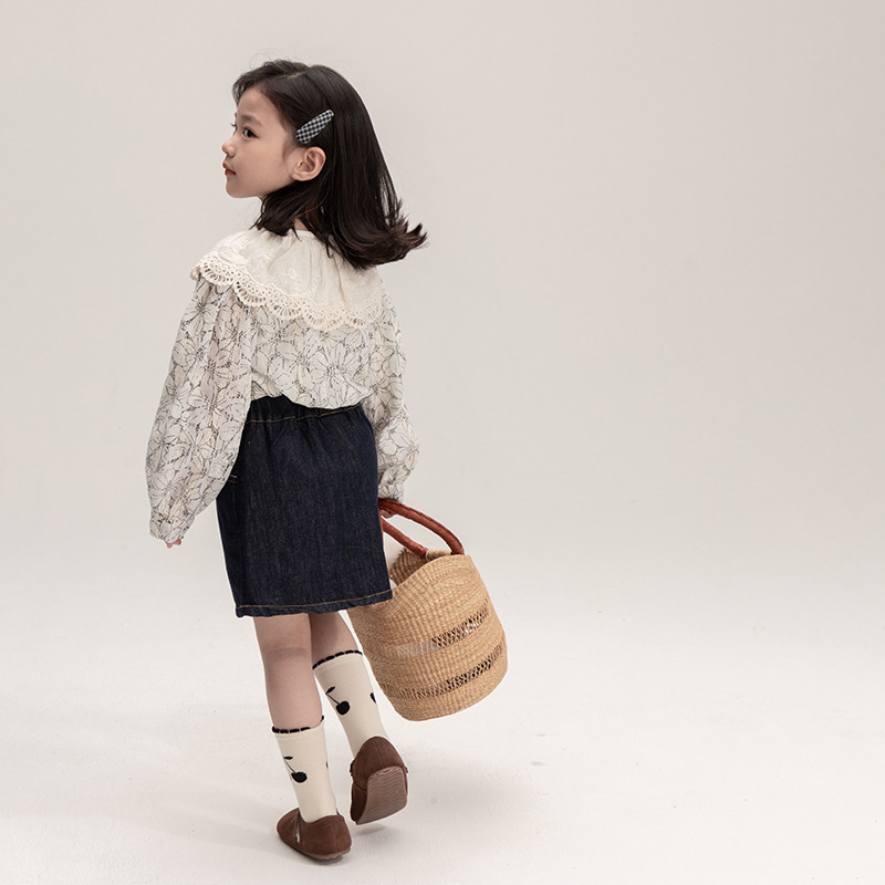 2023 otoño nuevas niñas retro estilo coreano completo impreso pequeña flor solapa muñeca camisa encaje collar camisa suelta