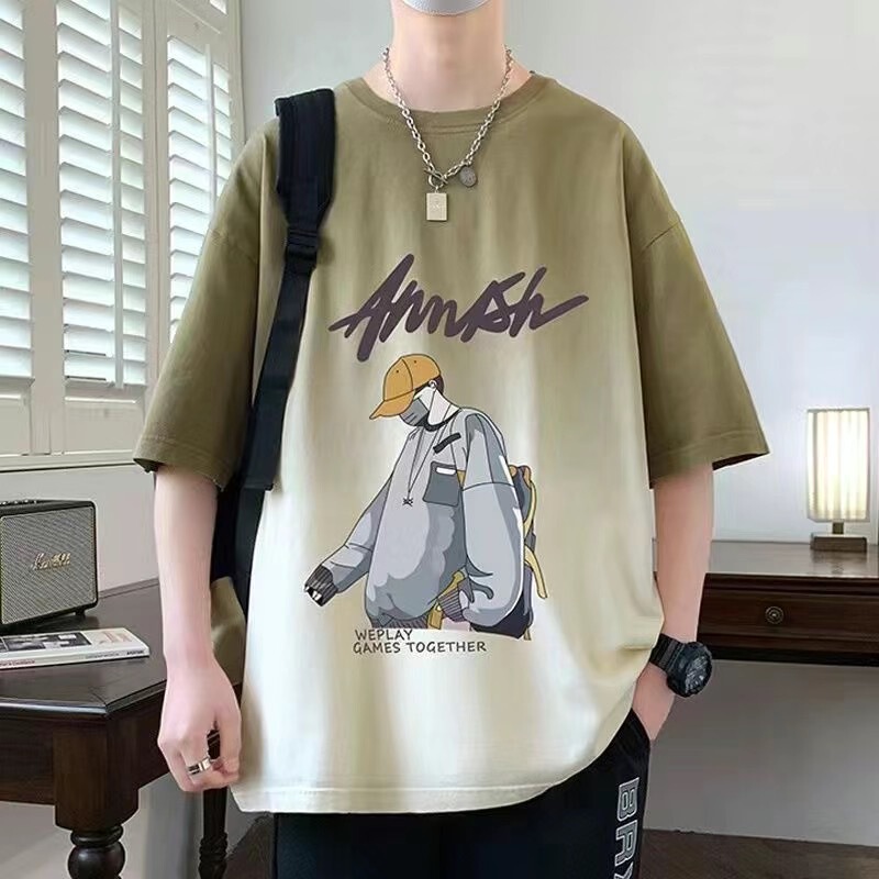 2025夏季新款男士青少年休闲帅气潮流阔版短袖T恤渐变色初高中生|undefined