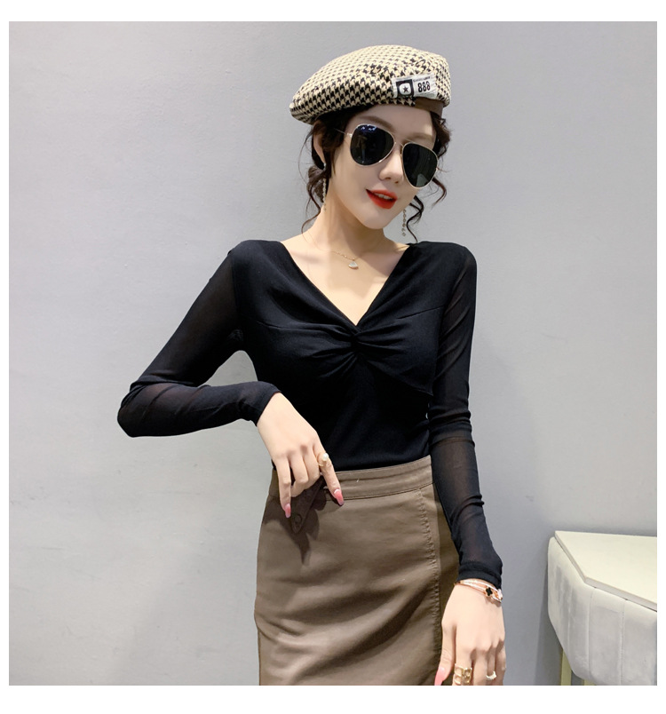 T-shirt da donna slim in rete a maniche lunghe con camicia slim a fondo incrociato_voghion.com