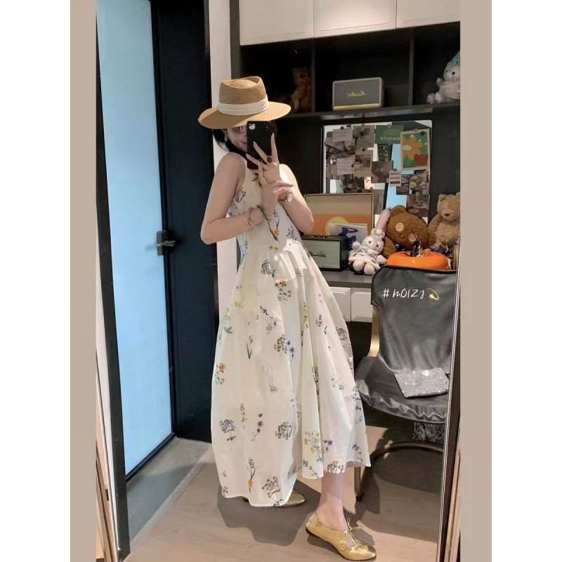 Plant Print Vest Dress Sweet Floral Dress for Women 2026 Summer New Round Neck Sleeveless Flower Bud Long Skirt