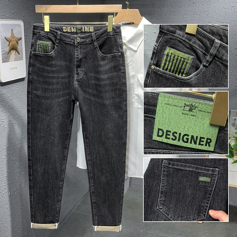 Xintang bordado de los hombres vaqueros delgados estilo coreano versátil adelgazamiento pantalones flacos estiramiento moda casual para niños