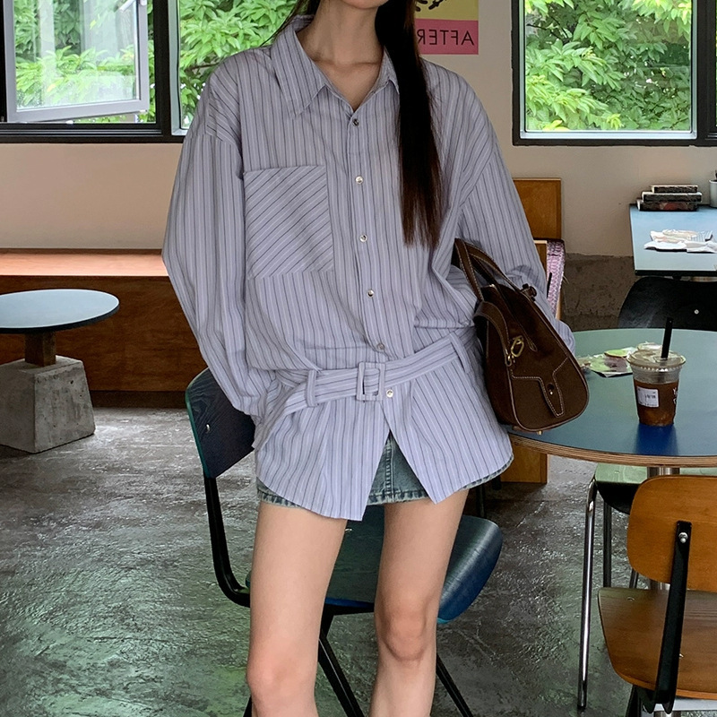 蓝色衬衫女秋季外套法式上衣高级独特别致长袖宽松条纹衬衣2025秋|undefined