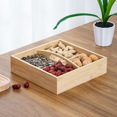 Chinese-style trendy dried fruit box for home use, perfect for living rooms—elegant and minimalist design, ideal as early-birth-of-a-son wedding candies, featuring a wooden multi-compartment structure with a convenient handle, making it a charming little decorative piece.