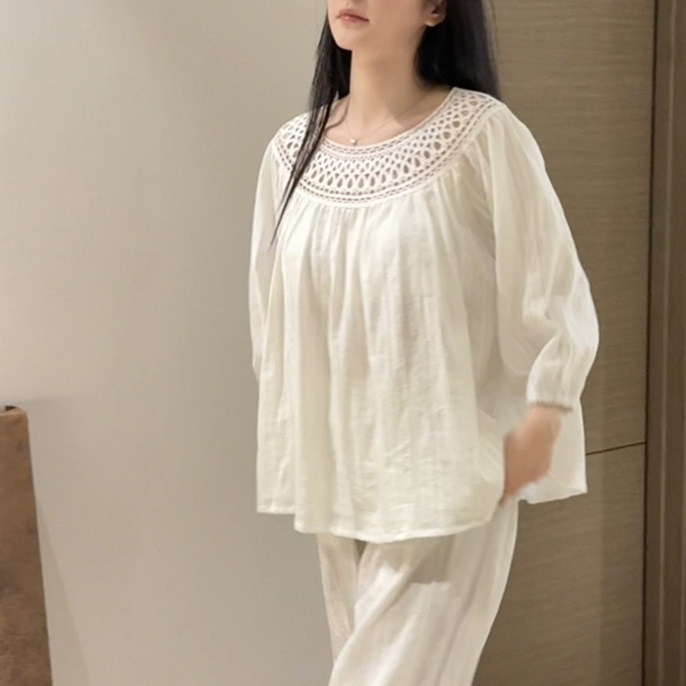 〈Encounter in Southern France〉French Elegant Round Neck Cut Out Pure Cotton Home Wear Set
