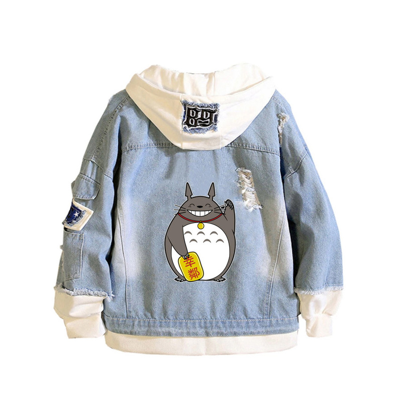 Anime Totoro Perimeter Fake Two-piece Denim Jacket Spring and Autumn Loose Denim Jacket Fashion Trendy Hooded Jacket