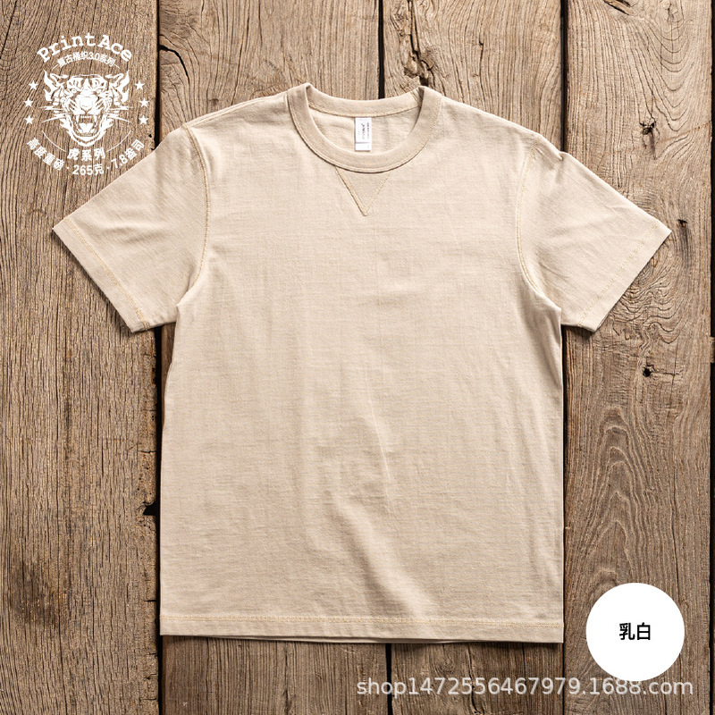 Printace Vintage Khaki Retro Super Heavy Barrel Knitted Roll Collar Neckline Reinforced Short-Sleeved T-Shirt 6119