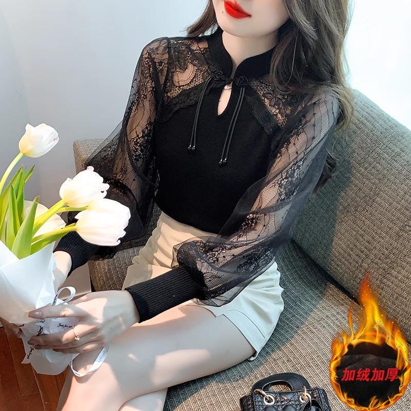 法式复古盘扣T恤女2025春秋新款蕾丝拼接立领小衫设计感小众上衣|undefined