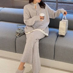 クロスボーダー婦人服2025秋新作背が高くておしゃれなスーツ太った女の子ニットセーターワイドレッグパンツ2点セット
