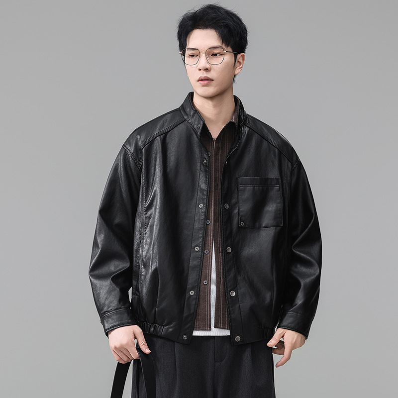 American-style black stand-up collar leather jacket for men, autumn/winter 2026 new vintage cool trendy casual couple's leather coat American-style black stand-up collar leather jacket for men, autumn/winter 2026 new vintage cool trendy casual couple's leather coat