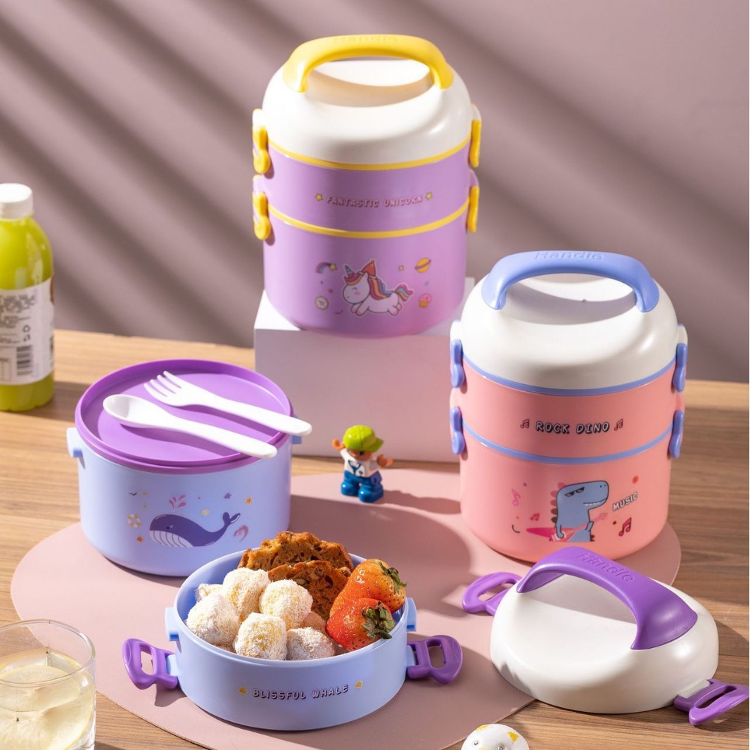 学生卡通圆形提桶塑料饭盒单双层上班族提手便当盒大容量微波加热