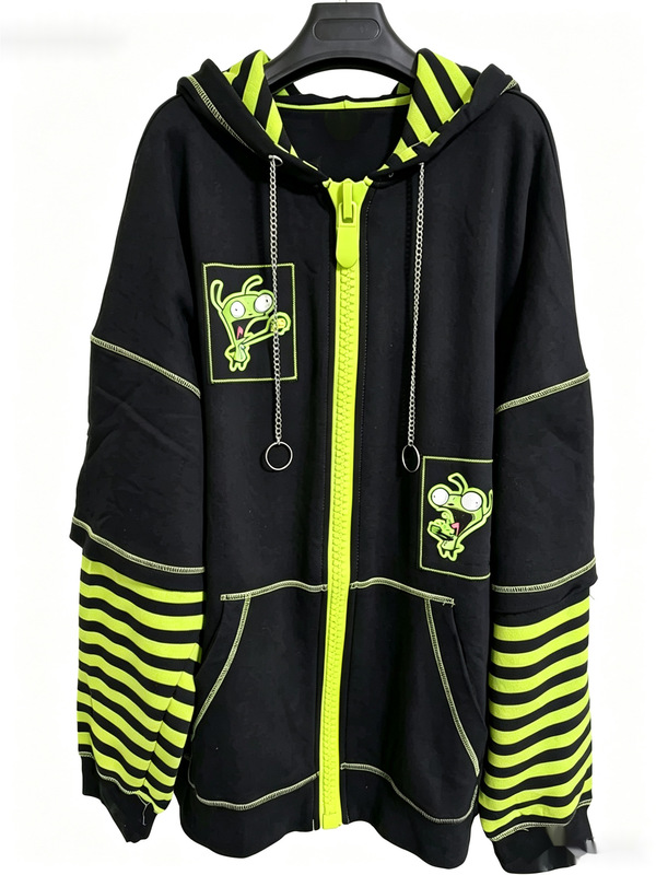 Japanese-style American retro alien invasion-themed green and black patchwork hooded striped jacket with a dog print Japanese-style American retro alien invasion-themed green and black patchwork hooded striped jacket with a dog print