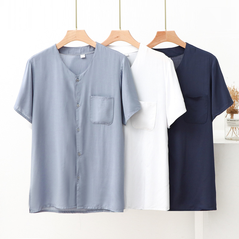 Cotton Silk Middle-Aged and Elderly Men's Short-Sleeved Round Neck Shirt Morning Exercise Shirt Summer Thin Daddy Artificial Cotton Top Cardigan