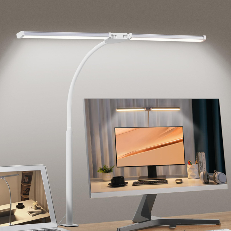 Lámpara de mesa LED con clip doble cabezal cuello de cisne para oficina estudio lectura protección ocular