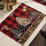Temuクロスボーダークリスマス綿麻ダイニングマットキッチンテーブル飾り格子プリント断熱防水食器マットシンプル|undefined